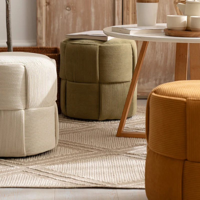 Modern Minimalist Solid Wood Corduroy Cylindrical Ottoman Low Stool For Living Room And Entryway