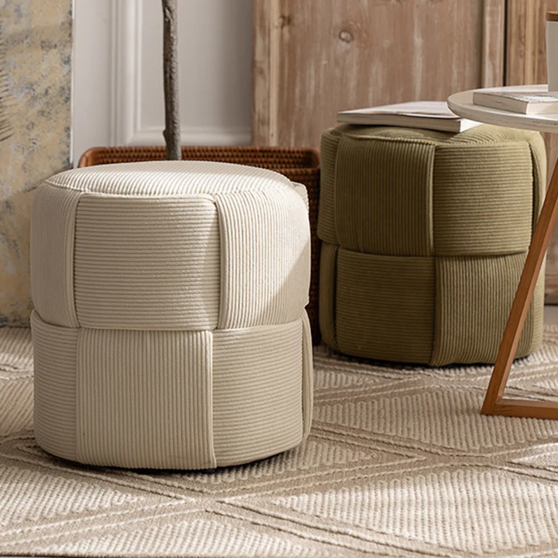 Modern Minimalist Solid Wood Corduroy Cylindrical Ottoman Low Stool For Living Room And Entryway