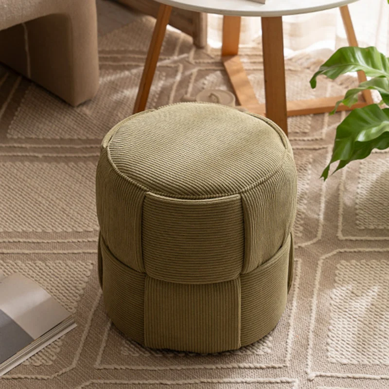 Modern Minimalist Solid Wood Corduroy Cylindrical Ottoman Low Stool For Living Room And Entryway