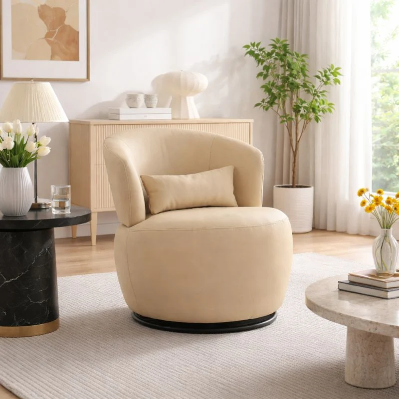 Contemporary Retro Round Plywood Steel Swivel Upholstery Accent Chair With Backrest For Living Room