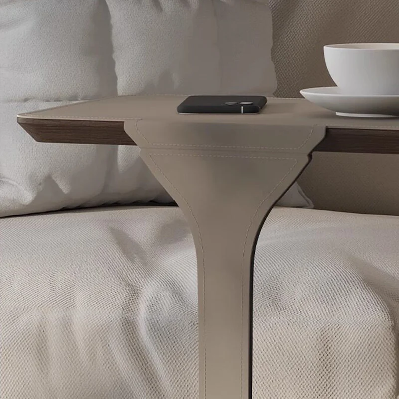 Modern Luxury Stainless Steel Solid Wood Saddle-Style Faux Leather Rounded Corner Side Table For Living Room