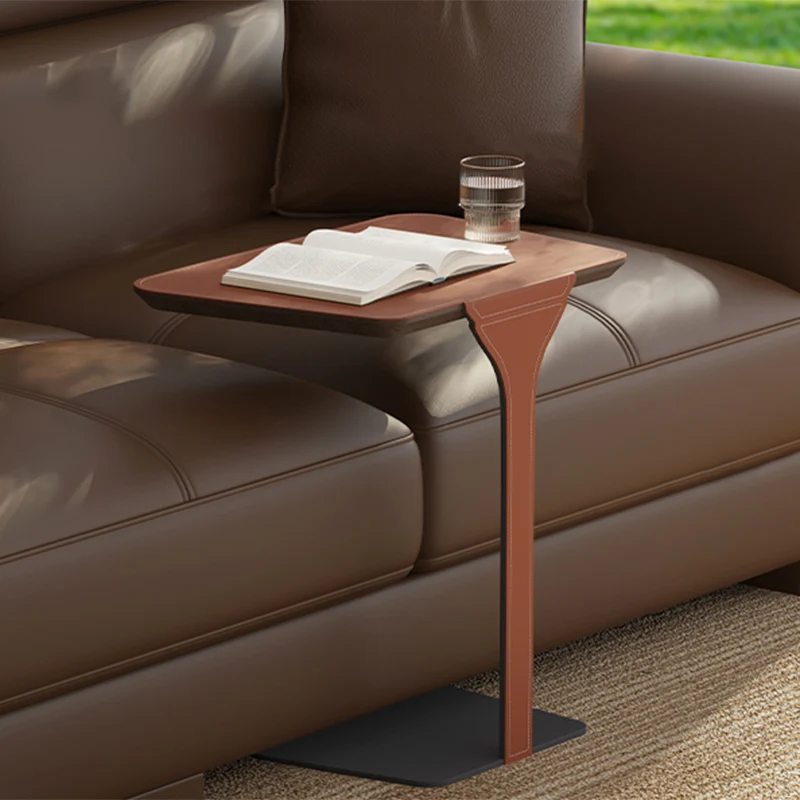 Modern Luxury Stainless Steel Solid Wood Saddle-Style Faux Leather Rounded Corner Side Table For Living Room