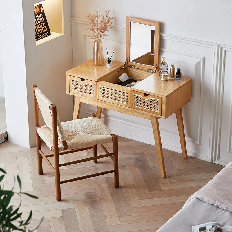 Contemporary Scandinavian Ash Wood Plywood Rattan Weaving Rectangular Vanity Table With Mirror & 2 Drawers For Bedroom