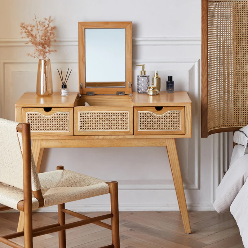 Contemporary Scandinavian Ash Wood Plywood Rattan Weaving Rectangular Vanity Table With Mirror & 2 Drawers For Bedroom