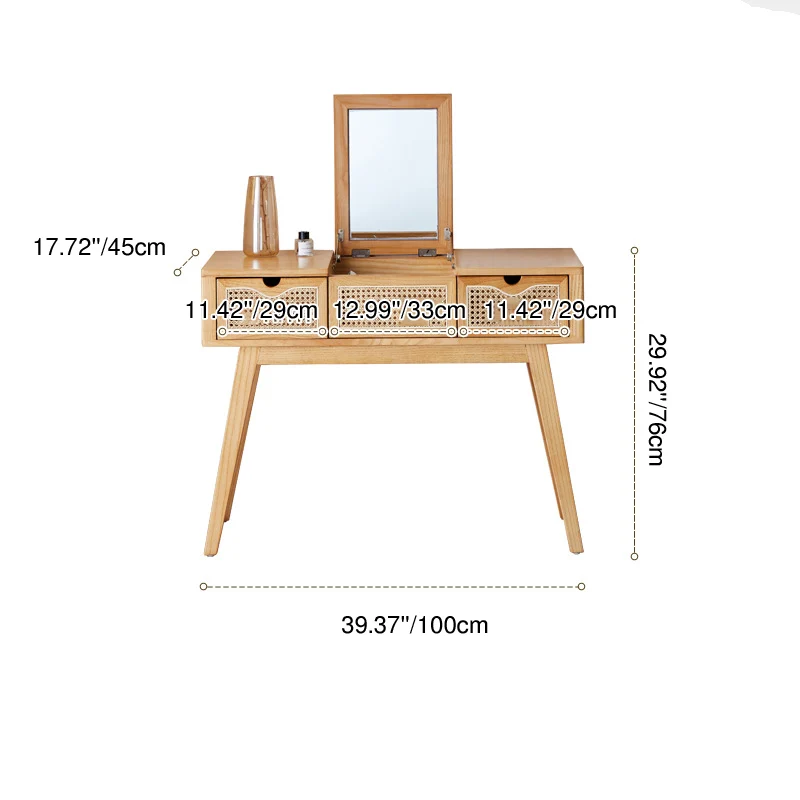 Contemporary Scandinavian Ash Wood Plywood Rattan Weaving Rectangular Vanity Table With Mirror & 2 Drawers For Bedroom