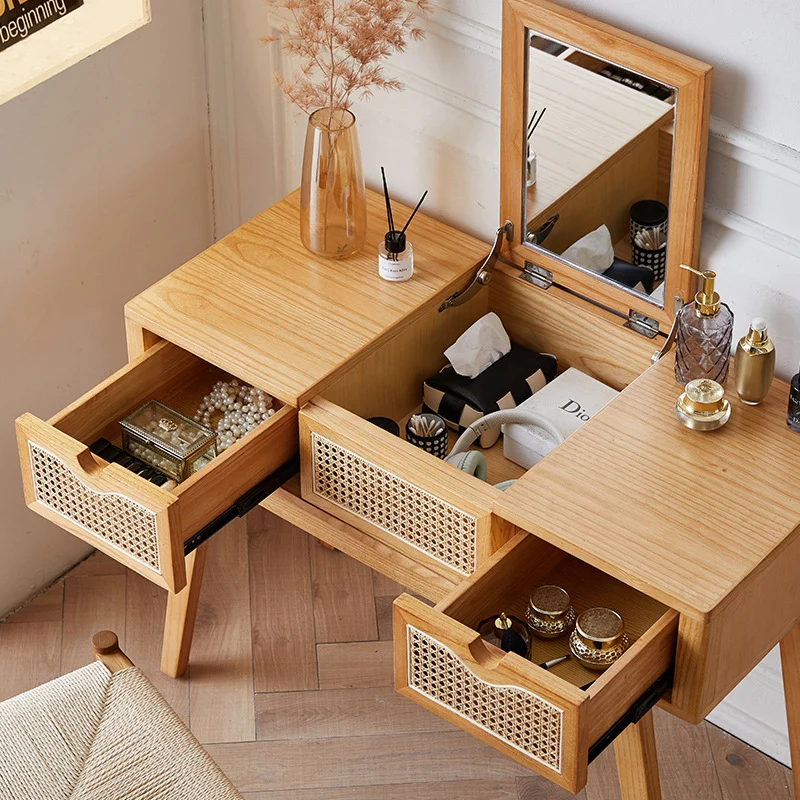 Contemporary Scandinavian Ash Wood Plywood Rattan Weaving Rectangular Vanity Table With Mirror & 2 Drawers For Bedroom
