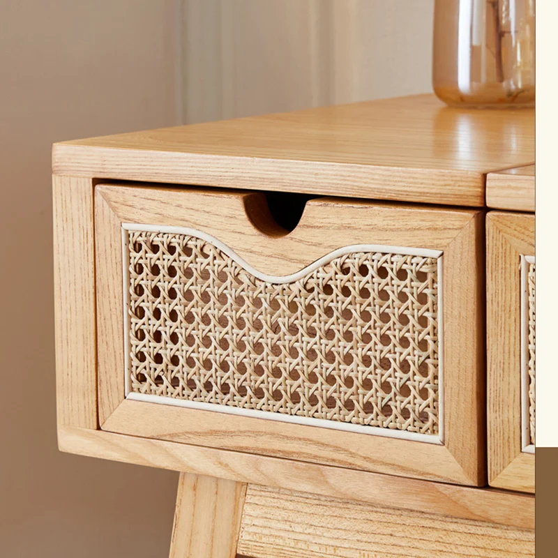 Contemporary Scandinavian Ash Wood Plywood Rattan Weaving Rectangular Vanity Table With Mirror & 2 Drawers For Bedroom