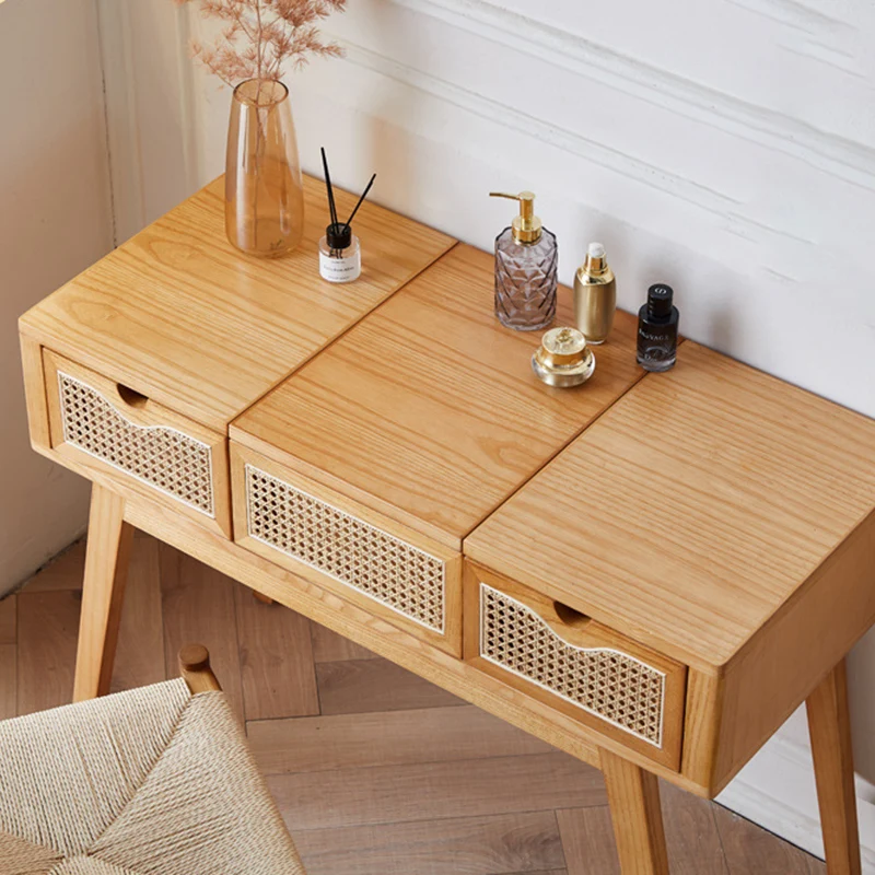 Contemporary Scandinavian Ash Wood Plywood Rattan Weaving Rectangular Vanity Table With Mirror & 2 Drawers For Bedroom