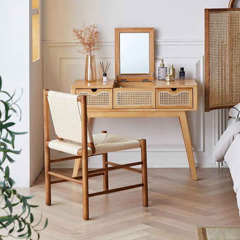 Contemporary Scandinavian Ash Wood Plywood Rattan Weaving Rectangular Vanity Table With Mirror & 2 Drawers For Bedroom