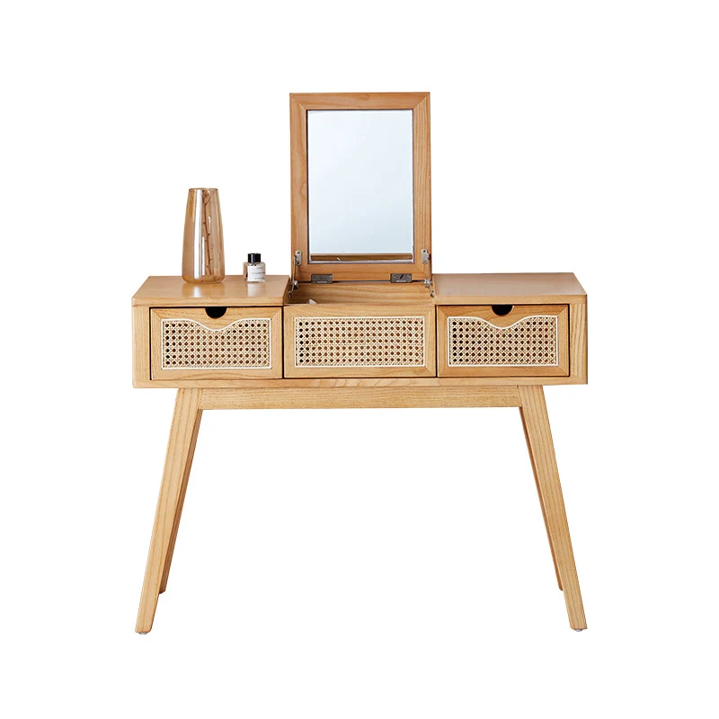 Contemporary Scandinavian Ash Wood Plywood Rattan Weaving Rectangular Vanity Table With Mirror & 2 Drawers For Bedroom