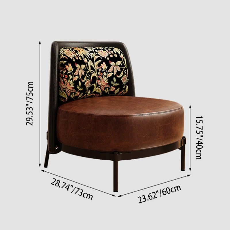 Contemporary Retro Carbon Steel Faux Leather & Linen Rounded Accent Chair With Backrest For Living Room