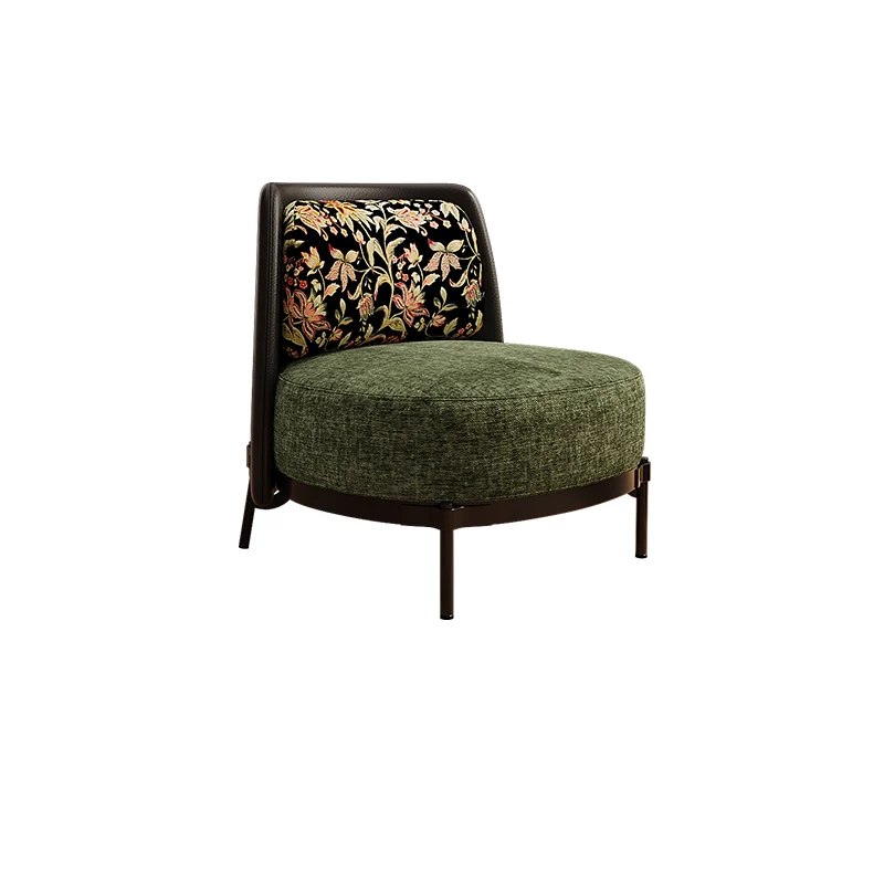 Contemporary Retro Carbon Steel Faux Leather & Linen Rounded Accent Chair With Backrest For Living Room