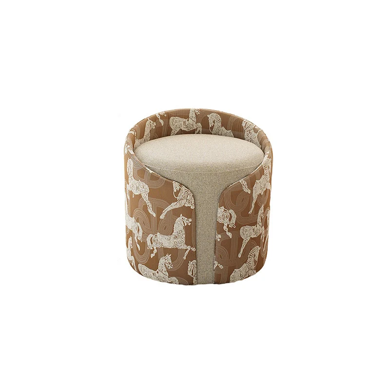 Traditional French Linen Carbon Steel Solid Wood Square Cylindrical Low Stool For Living Room
