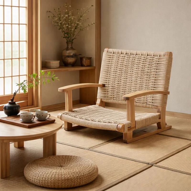 Traditional Japanese Solid Wood Rectangular Kraft Paper Weaving Accent Chair With Backrest Armrest For Living Room & Bedroom