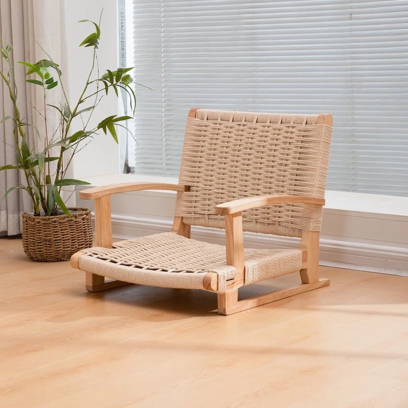 Traditional Japanese Solid Wood Rectangular Kraft Paper Weaving Accent Chair With Backrest Armrest For Living Room & Bedroom