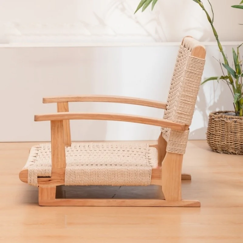 Traditional Japanese Solid Wood Rectangular Kraft Paper Weaving Accent Chair With Backrest Armrest For Living Room & Bedroom