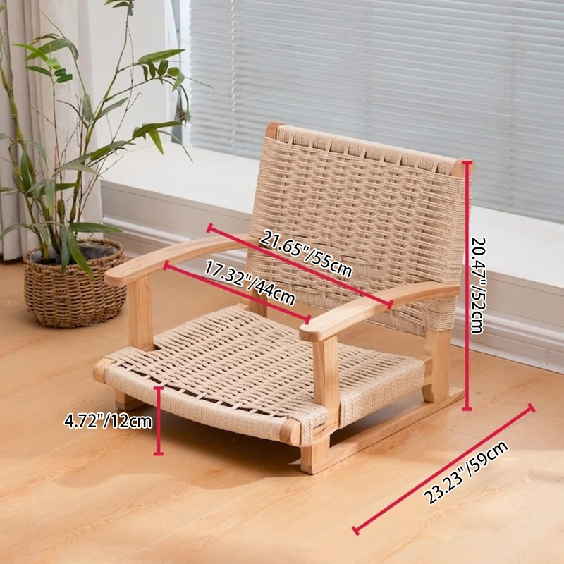 Traditional Japanese Solid Wood Rectangular Kraft Paper Weaving Accent Chair With Backrest Armrest For Living Room & Bedroom