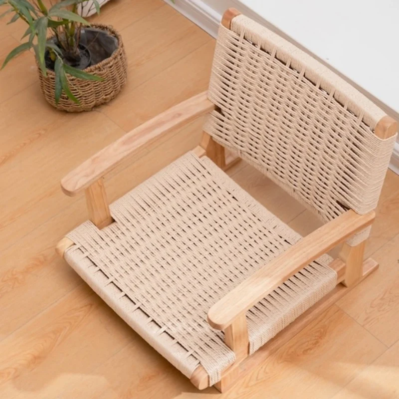Traditional Japanese Solid Wood Rectangular Kraft Paper Weaving Accent Chair With Backrest Armrest For Living Room & Bedroom