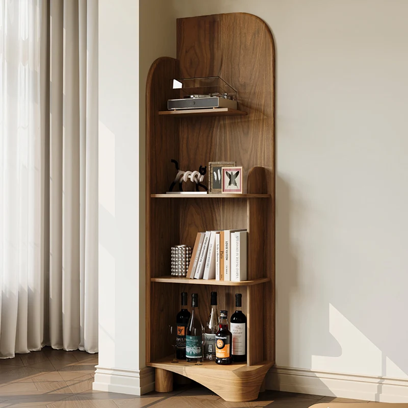 Modern Minimalist Solid Black Walnut & Plywood Rounded Corner Bookshelf With 4 Tiers For Living Room And Home Office