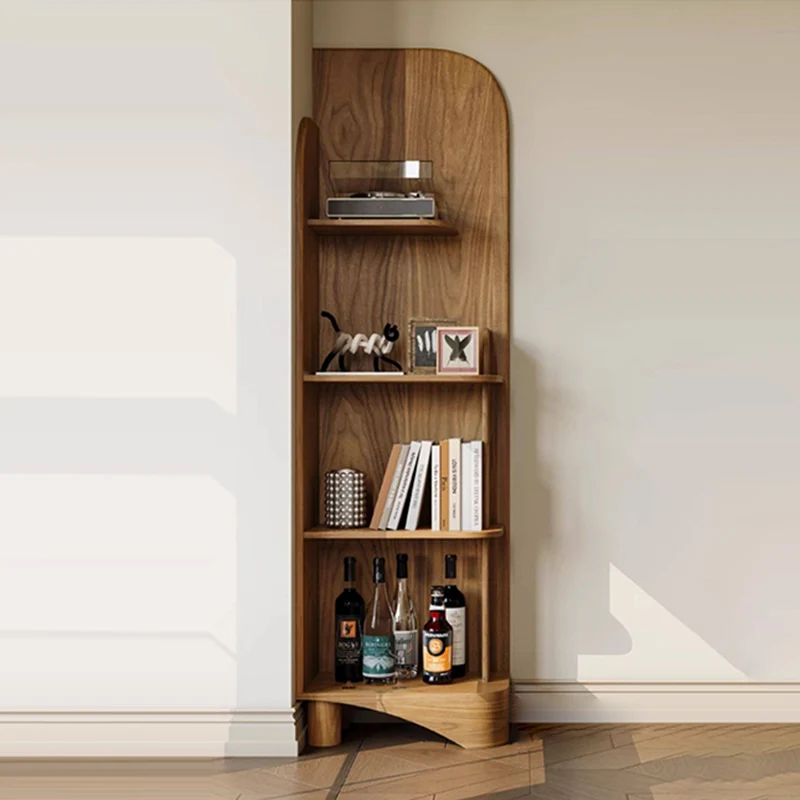 Modern Minimalist Solid Black Walnut & Plywood Rounded Corner Bookshelf With 4 Tiers For Living Room And Home Office