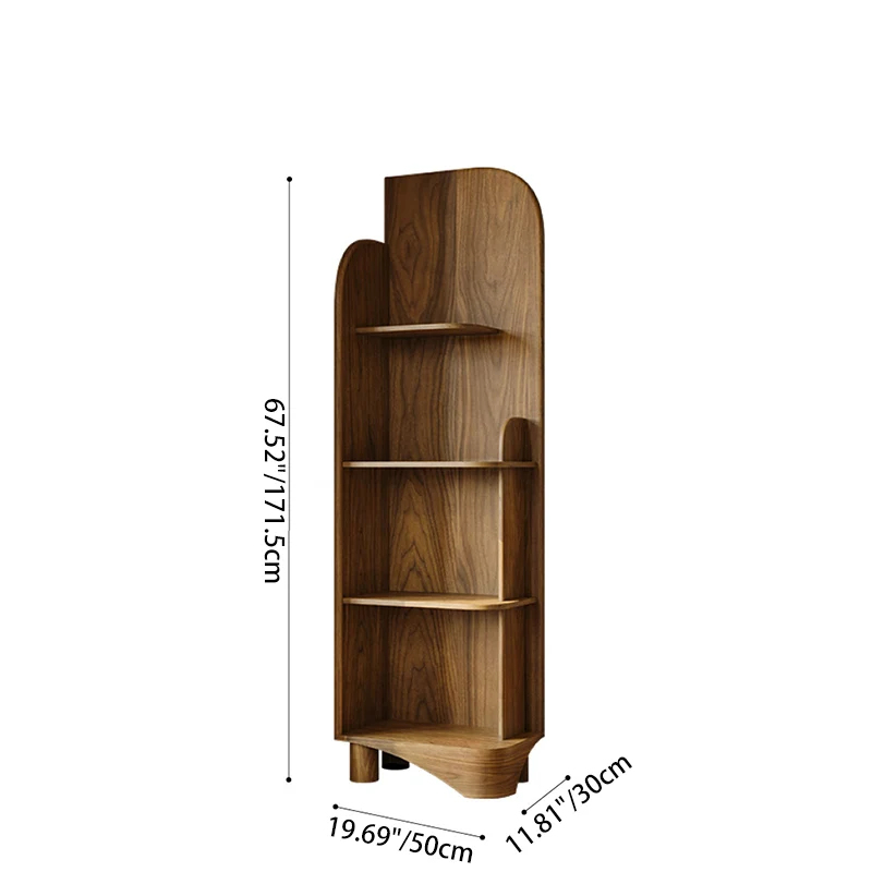 Modern Minimalist Solid Black Walnut & Plywood Rounded Corner Bookshelf With 4 Tiers For Living Room And Home Office