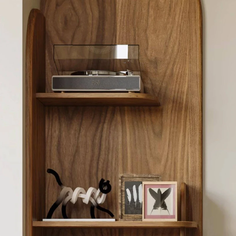 Modern Minimalist Solid Black Walnut & Plywood Rounded Corner Bookshelf With 4 Tiers For Living Room And Home Office