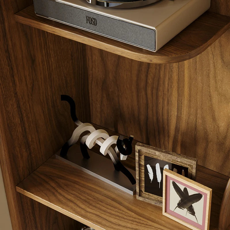Modern Minimalist Solid Black Walnut & Plywood Rounded Corner Bookshelf With 4 Tiers For Living Room And Home Office
