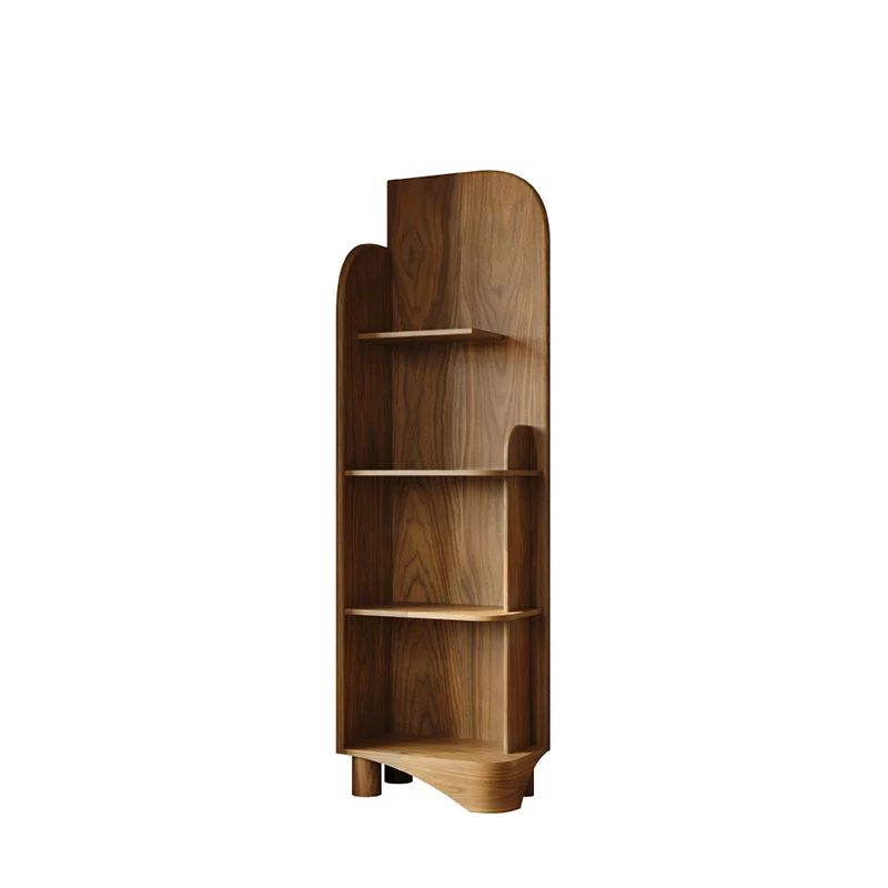 Modern Minimalist Solid Black Walnut & Plywood Rounded Corner Bookshelf With 4 Tiers For Living Room And Home Office