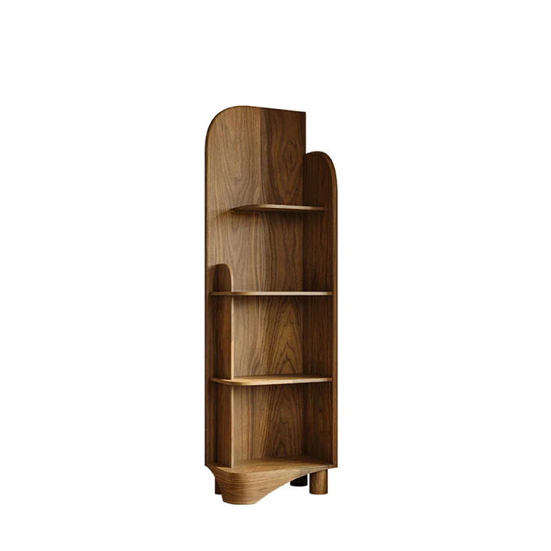 Modern Minimalist Solid Black Walnut & Plywood Rounded Corner Bookshelf With 4 Tiers For Living Room And Home Office