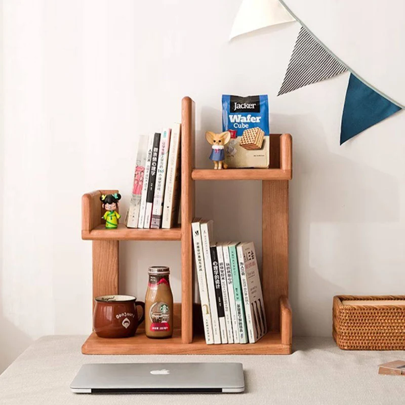 Contemporary Nordic Solid Wood Irregular Rectangular Desktop Bookshelf With 3-Tier Storage For Home Office & Bedroom