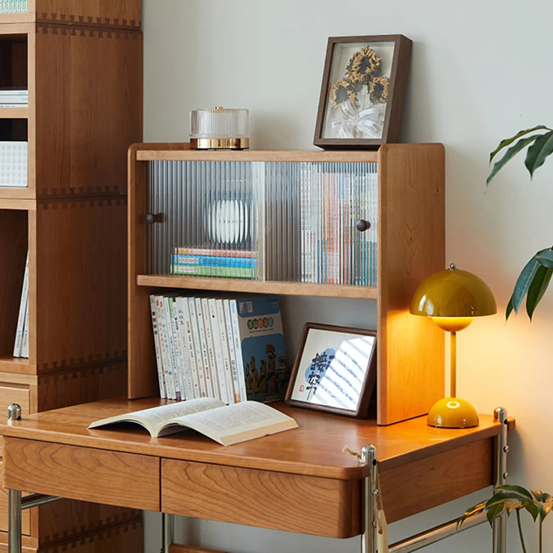 Modern Minimalist North American Cherry Wood Glass Rectangular Desktop Bookshelf With 2-Tier Storage & Enclosed Sliding Doors For Home Office & Bedroom
