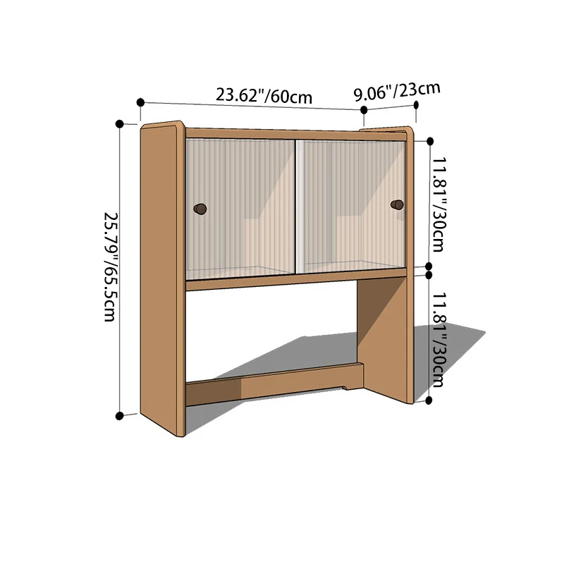 Modern Minimalist North American Cherry Wood Glass Rectangular Desktop Bookshelf With 2-Tier Storage & Enclosed Sliding Doors For Home Office & Bedroom