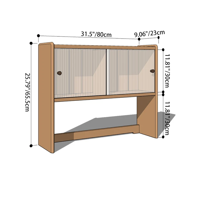 Modern Minimalist North American Cherry Wood Glass Rectangular Desktop Bookshelf With 2-Tier Storage & Enclosed Sliding Doors For Home Office & Bedroom