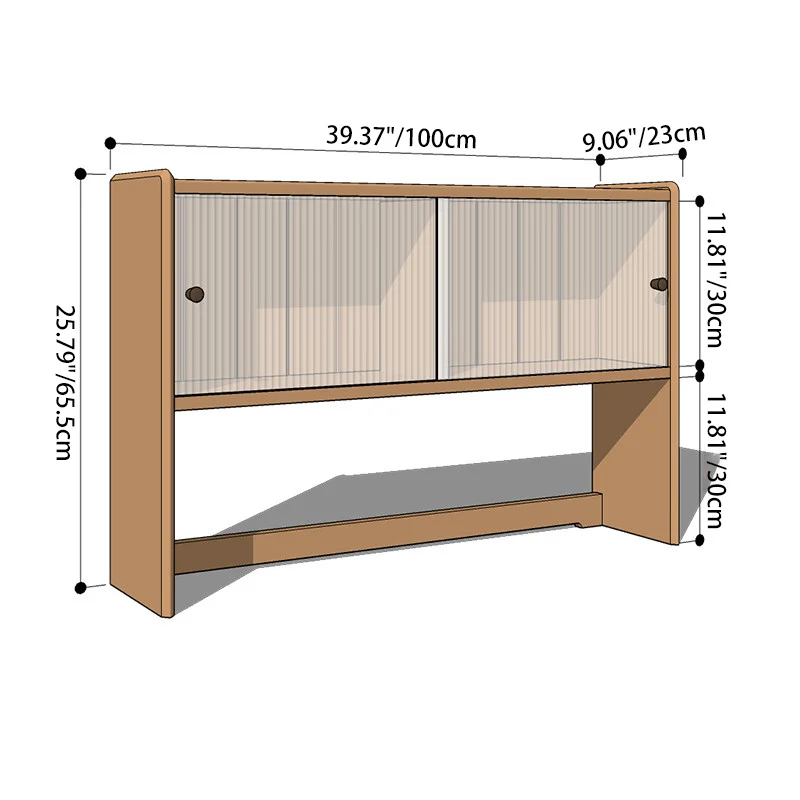 Modern Minimalist North American Cherry Wood Glass Rectangular Desktop Bookshelf With 2-Tier Storage & Enclosed Sliding Doors For Home Office & Bedroom