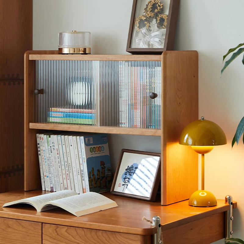 Modern Minimalist North American Cherry Wood Glass Rectangular Desktop Bookshelf With 2-Tier Storage & Enclosed Sliding Doors For Home Office & Bedroom