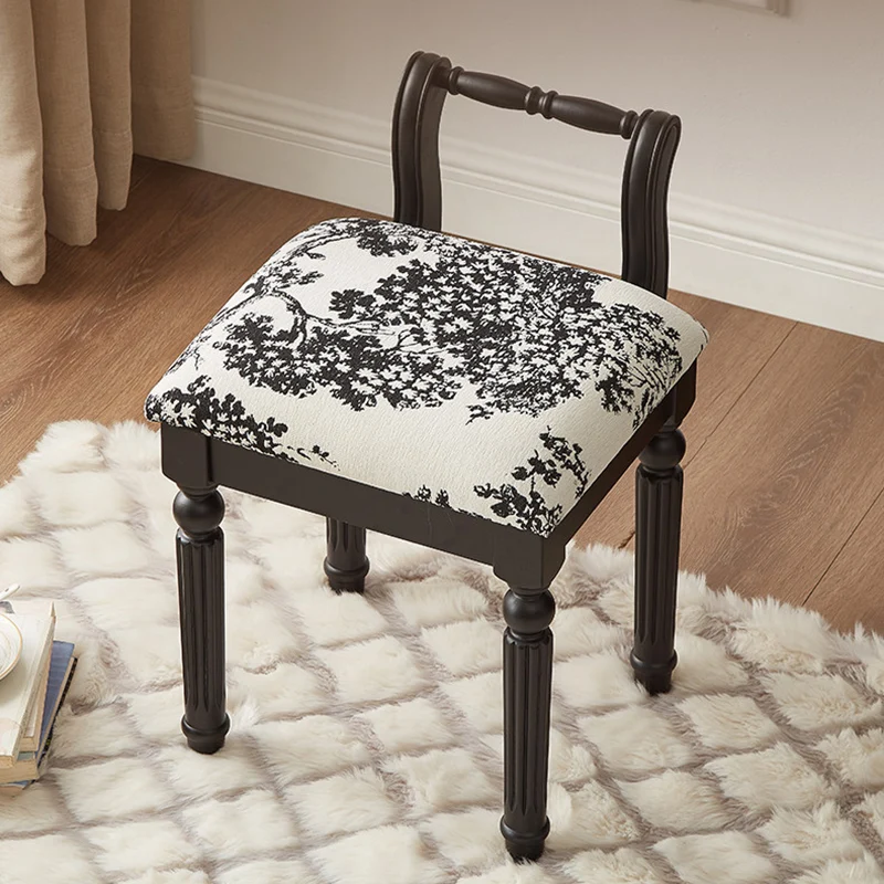 Traditional French Ash Wood & Microfiber Leather Fabric Roman Column Vanity Stool With Backrest For Bedroom