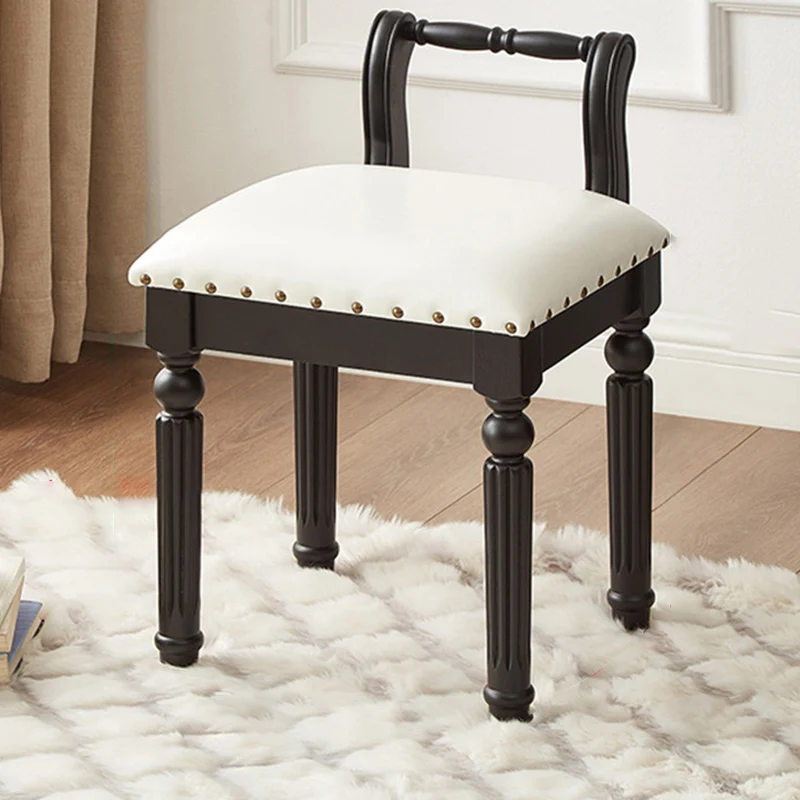 Traditional French Ash Wood & Microfiber Leather Fabric Roman Column Vanity Stool With Backrest For Bedroom