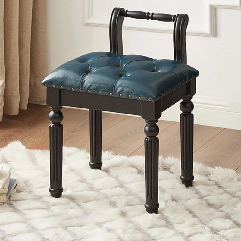 Traditional French Ash Wood & Microfiber Leather Fabric Roman Column Vanity Stool With Backrest For Bedroom