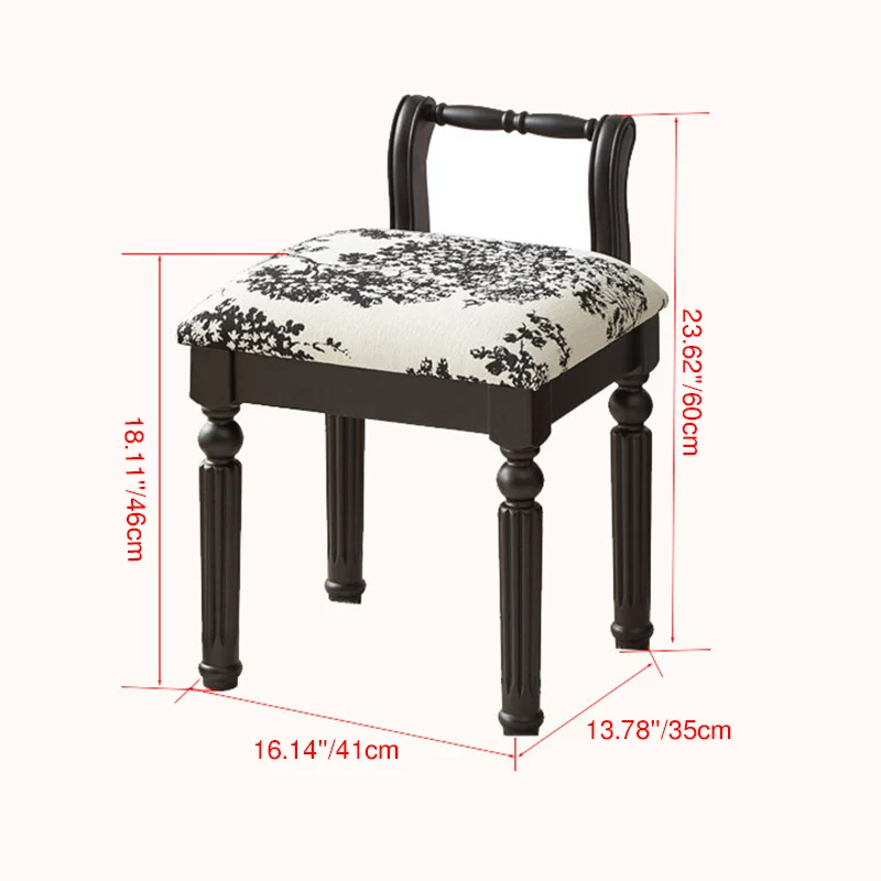 Traditional French Ash Wood & Microfiber Leather Fabric Roman Column Vanity Stool With Backrest For Bedroom