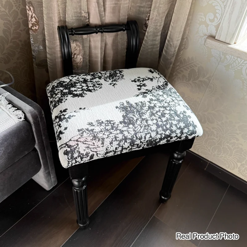 Traditional French Ash Wood & Microfiber Leather Fabric Roman Column Vanity Stool With Backrest For Bedroom