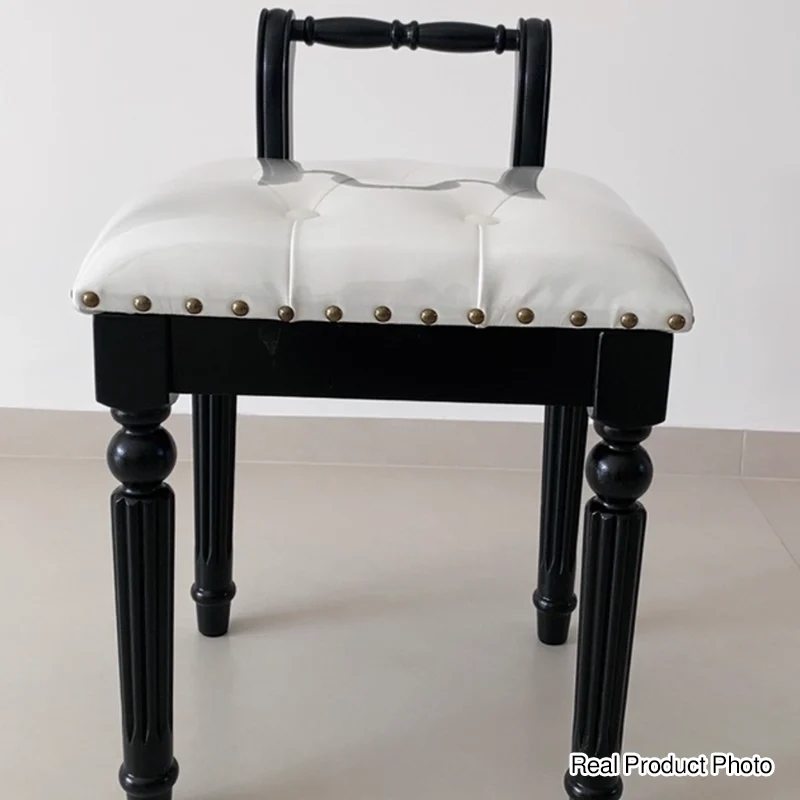 Traditional French Ash Wood & Microfiber Leather Fabric Roman Column Vanity Stool With Backrest For Bedroom