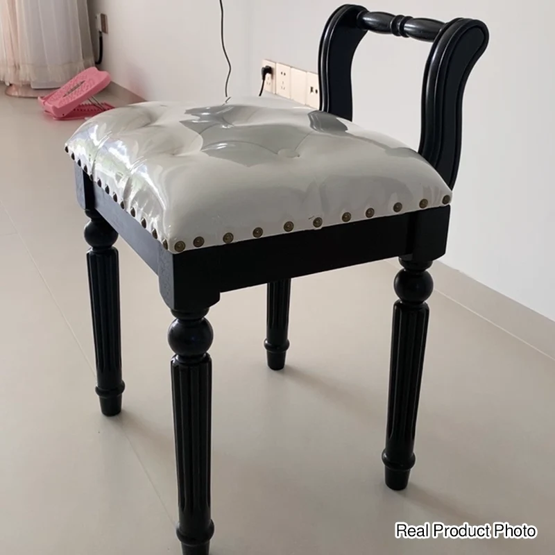 Traditional French Ash Wood & Microfiber Leather Fabric Roman Column Vanity Stool With Backrest For Bedroom