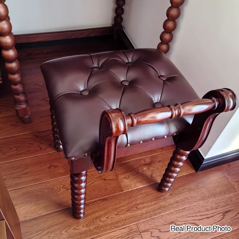 Traditional French Ash Wood & Microfiber Leather Fabric Roman Column Vanity Stool With Backrest For Bedroom