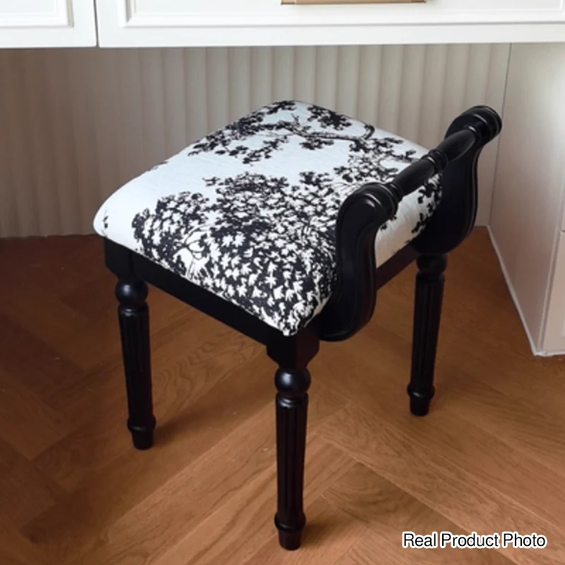 Traditional French Ash Wood & Microfiber Leather Fabric Roman Column Vanity Stool With Backrest For Bedroom