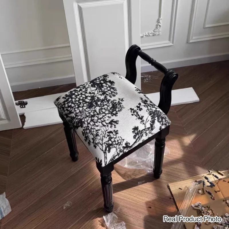Traditional French Ash Wood & Microfiber Leather Fabric Roman Column Vanity Stool With Backrest For Bedroom