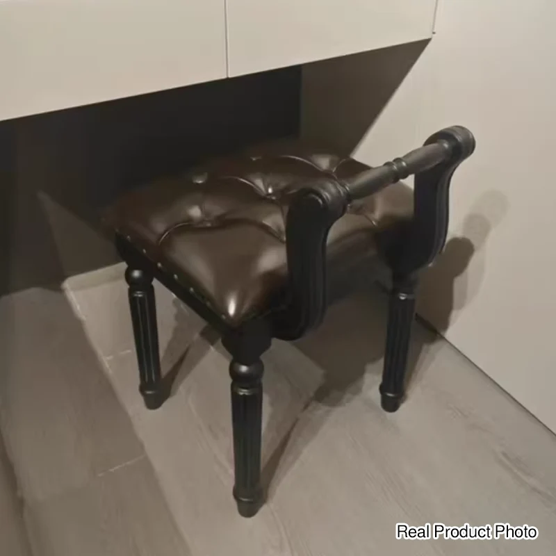 Traditional French Ash Wood & Microfiber Leather Fabric Roman Column Vanity Stool With Backrest For Bedroom