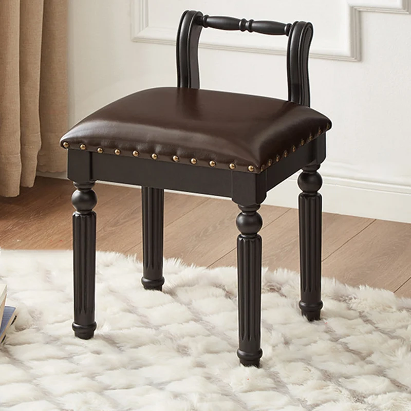 Traditional French Ash Wood & Microfiber Leather Fabric Roman Column Vanity Stool With Backrest For Bedroom