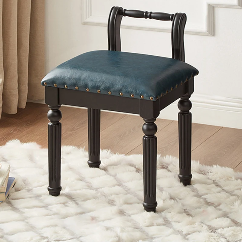 Traditional French Ash Wood & Microfiber Leather Fabric Roman Column Vanity Stool With Backrest For Bedroom