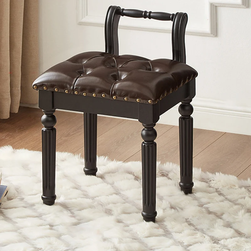 Traditional French Ash Wood & Microfiber Leather Fabric Roman Column Vanity Stool With Backrest For Bedroom