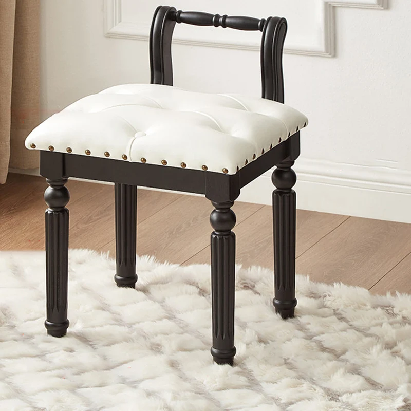 Traditional French Ash Wood & Microfiber Leather Fabric Roman Column Vanity Stool With Backrest For Bedroom